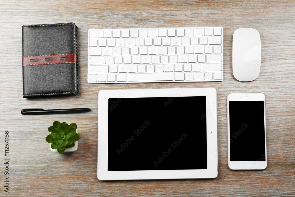 Flat lay of workplace in office with business accessories Flat lay of workplace in office with business accessories