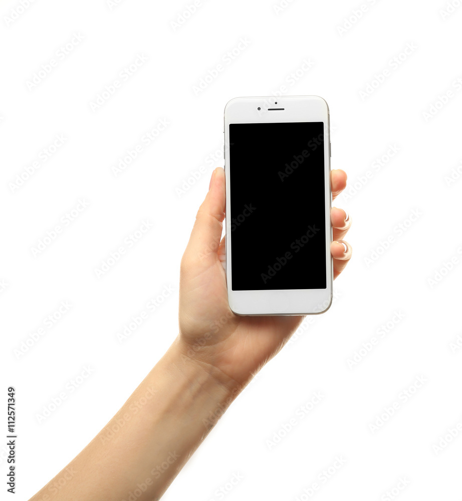 Female hand holding a smartphone on white background