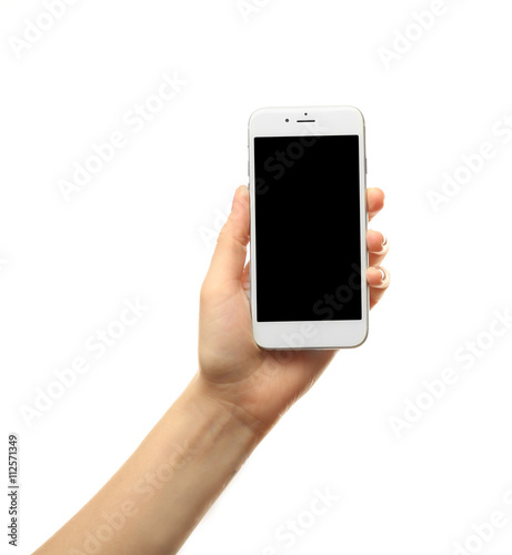 Female hand holding a smartphone on white background