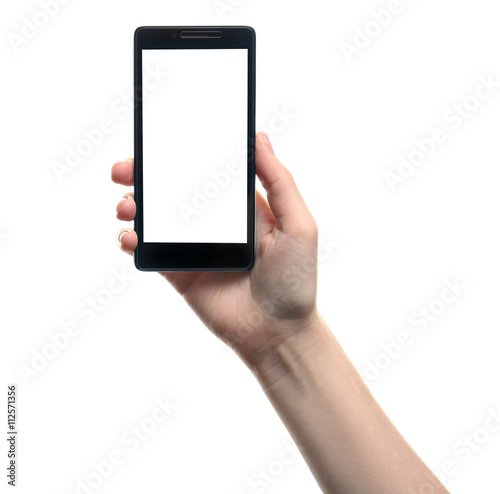 Female hand holding a smartphone on white background