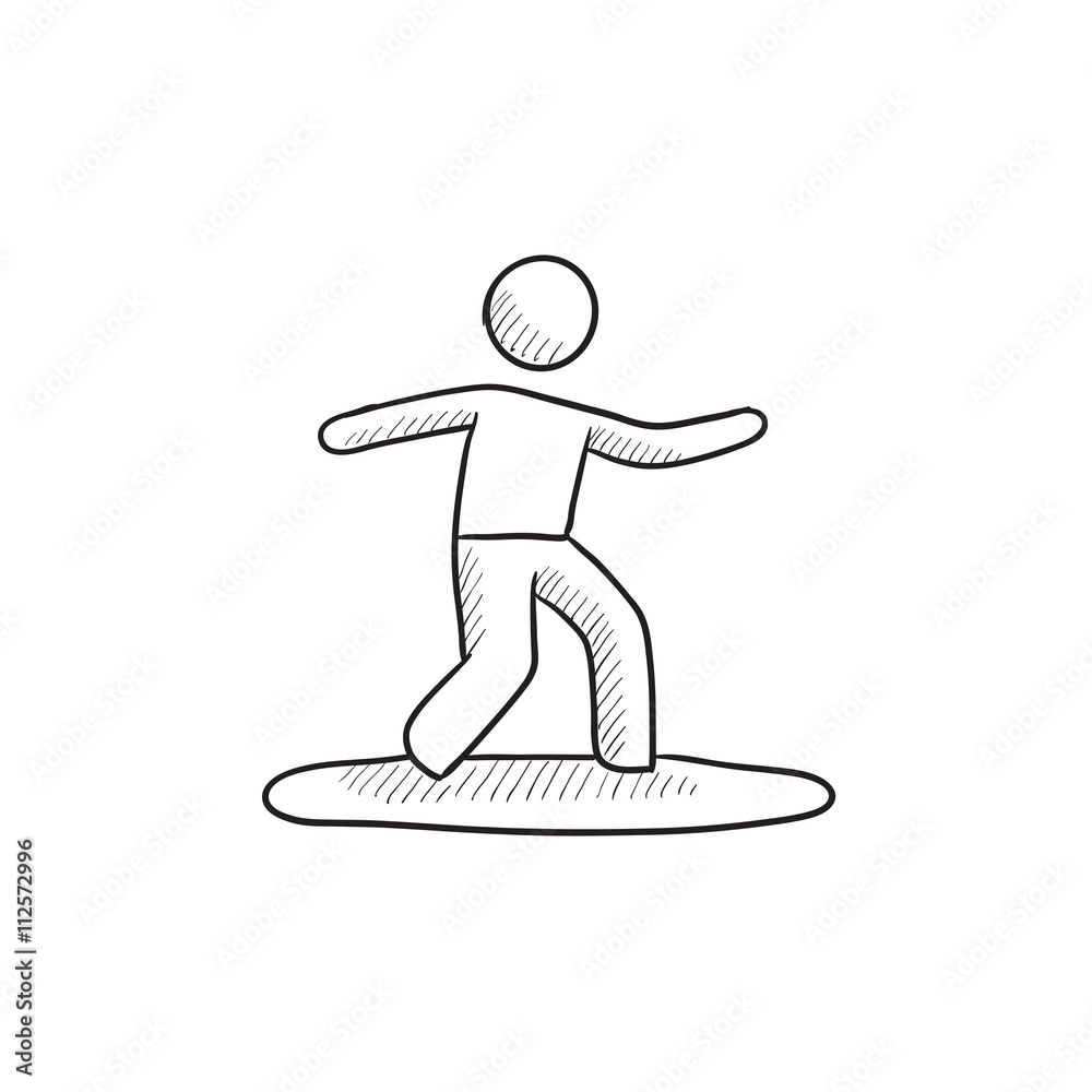 Male surfer riding on surfboard sketch icon.
