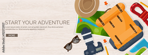 Travel and tourism. Flat style. World, earth map. Globe. Trip, tour, journey, summer holidays. Travelling,exploring worldwide. Adventure,expedition. Table, workplace. Traveler. Navigation or route