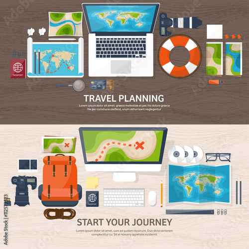 Travel and tourism. Flat style. World, earth map. Globe. Trip, tour, journey, summer holidays. Travelling,exploring worldwide. Adventure,expedition. Table, workplace. Traveler. Navigation or route