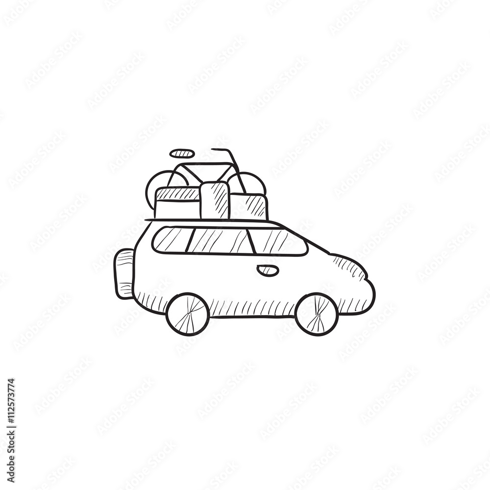Car with bicycle mounted to the roof sketch icon.