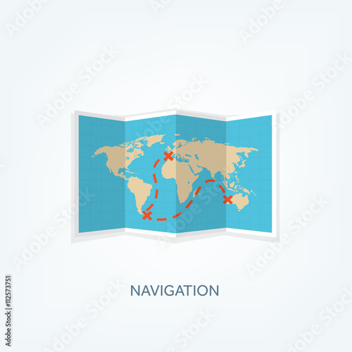 World map in a flat style. Earth  globe. Navigation. Route and destination. Icon.