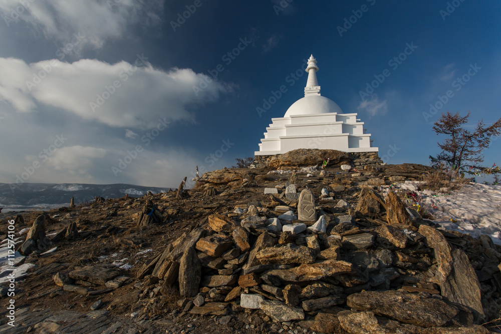 View of the Buddhist mortar on the island Ogoy on Lake Baikal, R