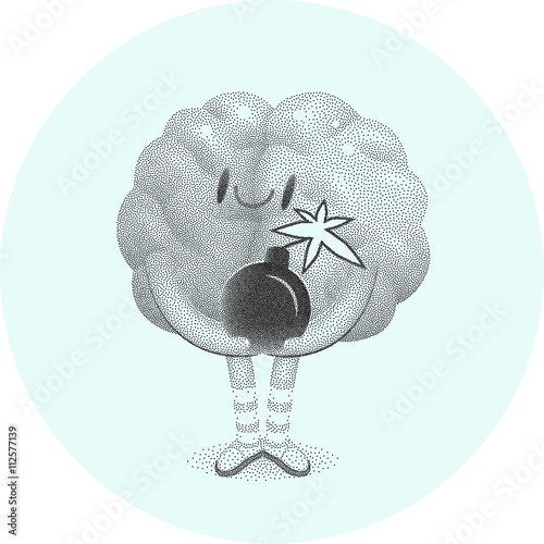 A vector dotted  cartoon illustration of a brain  wearing knee-length striped socks holding the bomb in its hands, the metaphor of patience photo