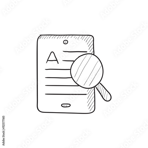 Tablet and magnifying glass sketch icon.
