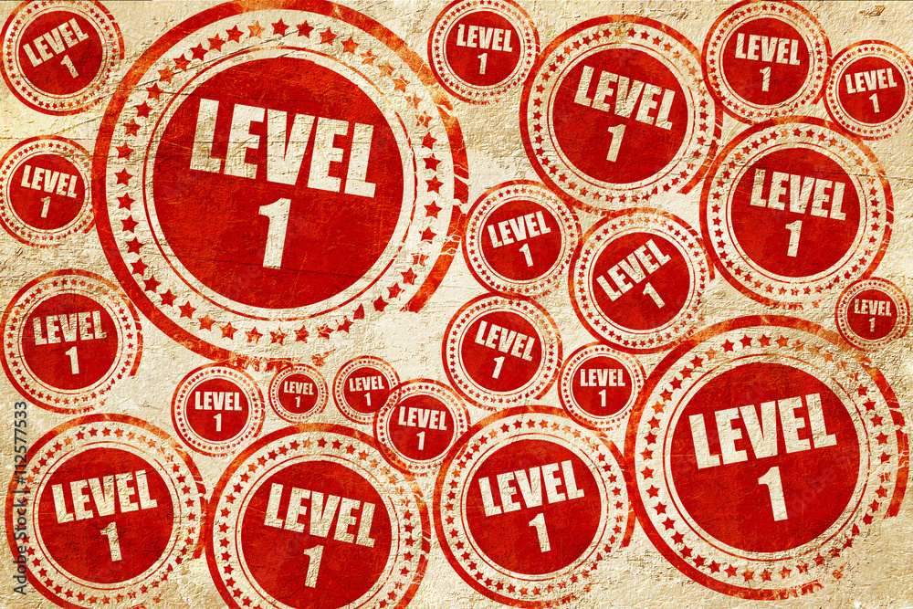 level 1, red stamp on a grunge paper texture