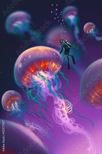 Photography big jellyfishes and diver in fantasy underwater,illustration