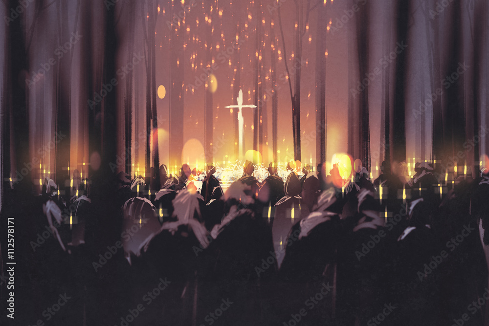 Fototapeta premium mourning,funeral,people attend a vigil and light candles in the forest,illustration