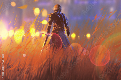 Dekoracja na wymiar  knight-warrior-standing-with-sword-in-field-illustration-painting
