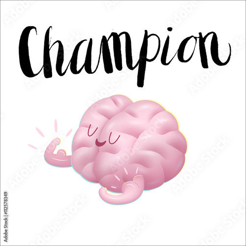 Champion the brain showing it s biceps cartoon illustration and lettering - train your brain series. Part of the Brain collection.