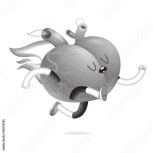 My heart burns for you - a dotted vector cartoon illustration of a running burning heart. Part of a Brain collection.