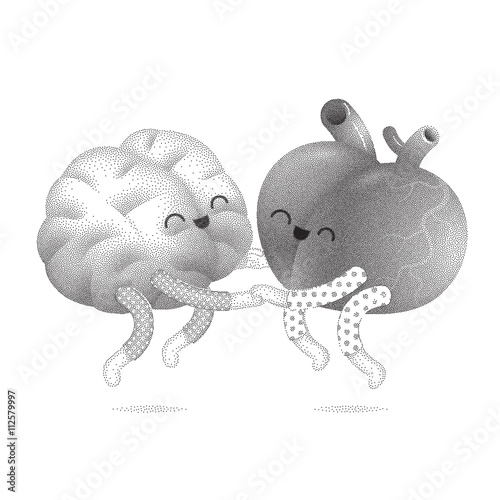 Pajama party - the dotted vector illustration of a brain and a heart wearing pajamas jumping together holding their hands. A part of Brain collection.