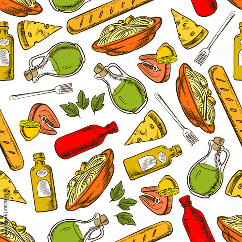 Seamless italian cuisine dishes and drinks pattern