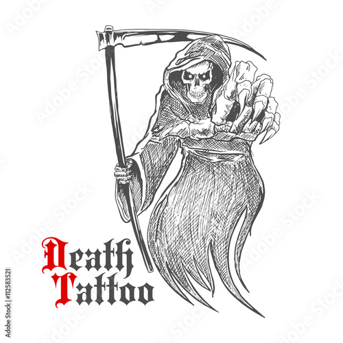 Dreadful grim reaper with scythe pointing at viewer