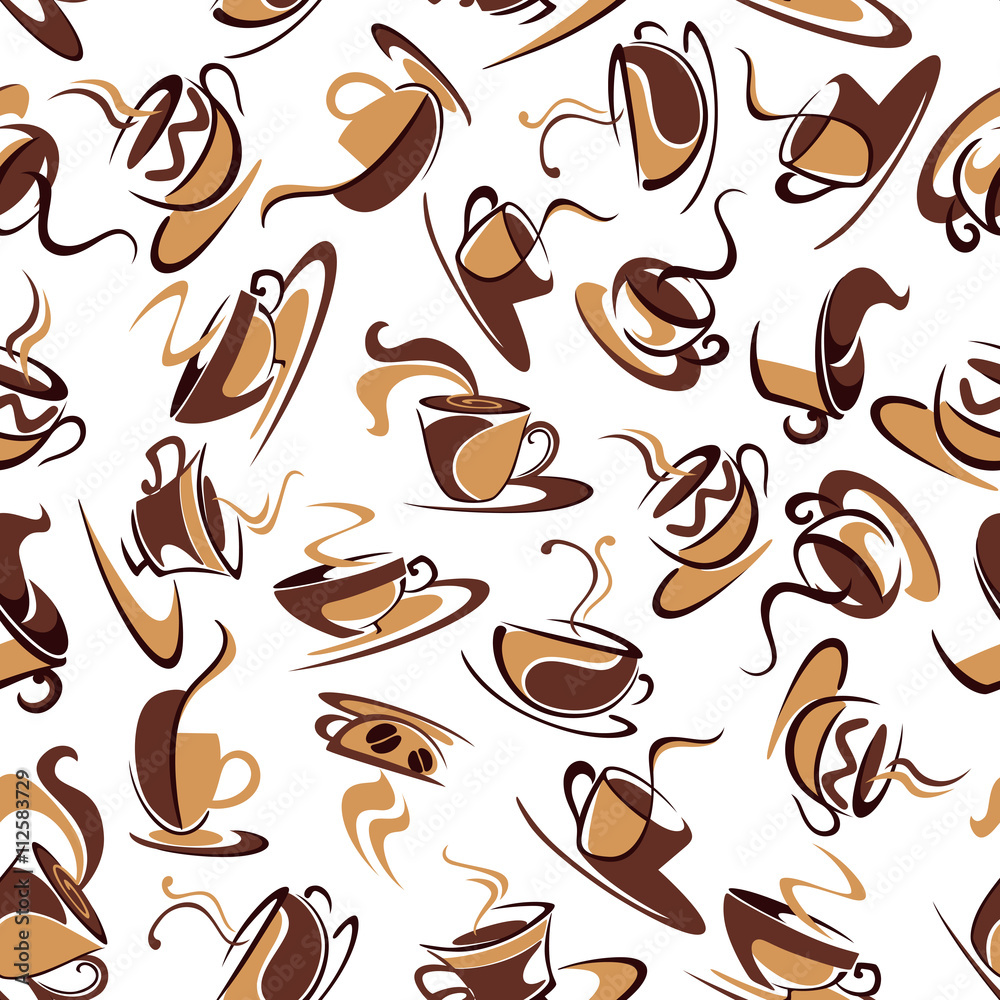 Brown cups of coffee with beans seamless pattern
