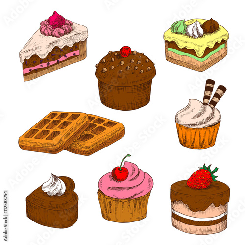 Colored sketches of cakes, cupcakes and waffles