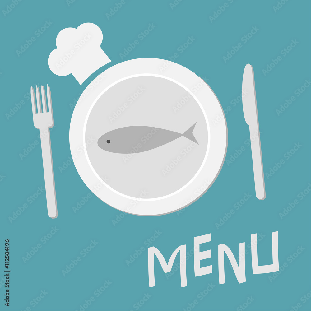 Plate with fish, fork, knife and chefs hat. Menu card. Restaurant food dish. Flat material design style. Blue background. Plate with fish, fork, knife and chefs hat. Menu card. Restaurant food dish. Flat material design style. Blue background.