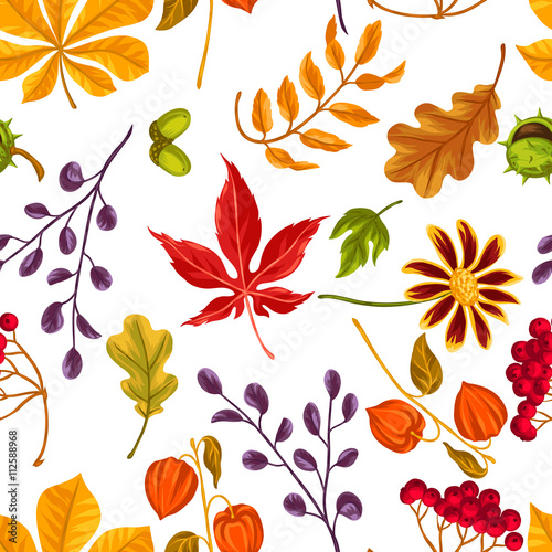 Seamless pattern with autumn leaves and plants. Background easy to use for backdrop  textile  wrapping paper