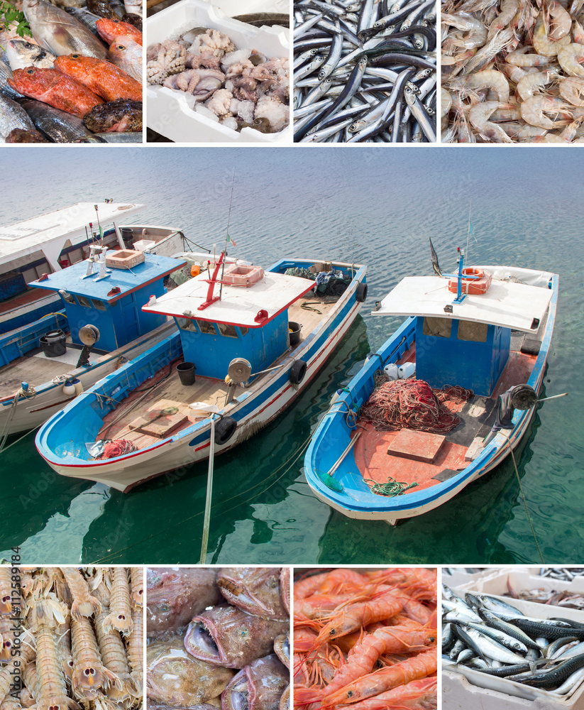 Fish boats and various fish on market