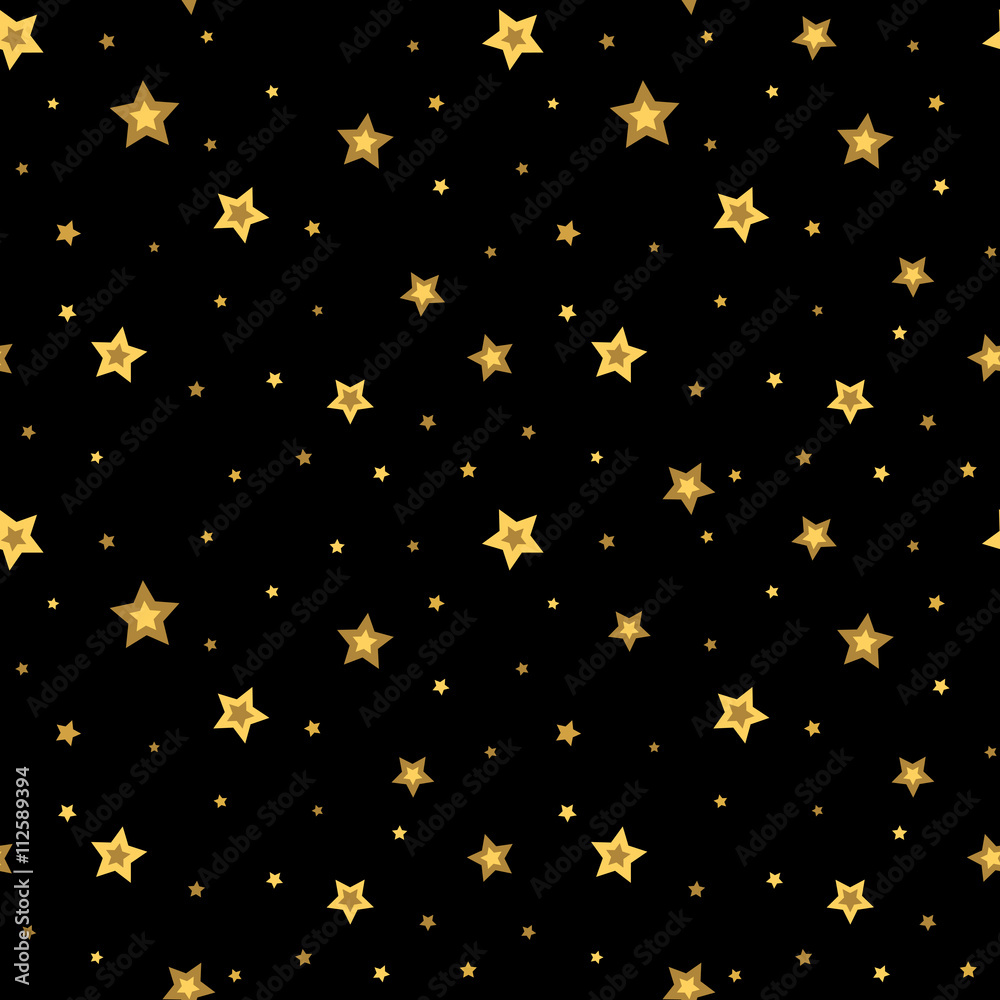 Stars seamless pattern gold and black retro background. Chaotic elements. Abstract geometric shape texture. 3d effect sky. Design template for wallpaper, wrapping, fabric, textile. Vector Illustration Stars seamless pattern gold and black retro background. Chaotic elements. Abstract geometric shape texture. 3d effect sky. Design template for wallpaper, wrapping, fabric, textile. Vector Illustration