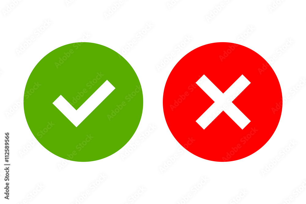 Vetor de Tick and cross signs. Green checkmark OK and red X icons, isolated  on white background. Simple marks graphic design. Circle shape symbols YES  and NO button for vote, decision, web.