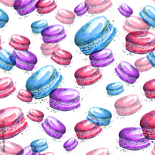Seamless vintage pattern with watercolor. Tasty colorful macaron, macaroons. Use for design, postcards, posters, packaging, invitations and other.