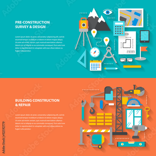 Conceptual banners from a set of steps icons, objects and tools with a diagonal shadow. Preparation, construction and repair. Modern flat concept icon character set for booklets, brochures, web sites 