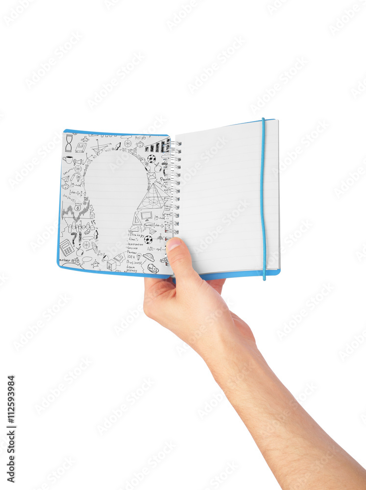 Hand show the opened notebook isolated on white background Hand show the opened notebook isolated on white background