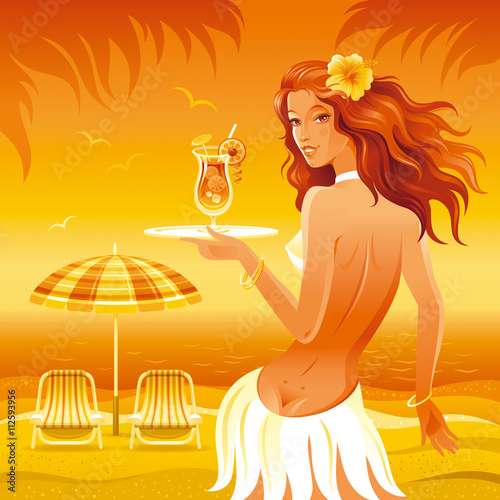Evening beach background with beautiful hula girl and tropical cocktail