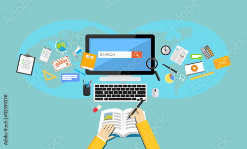 Studying. Flat design illustration of online education or e-learning.
