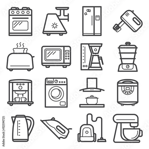 Line art icons of home appliances and kitchen electronics devices.