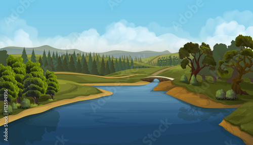 Nature landscape, river, vector background