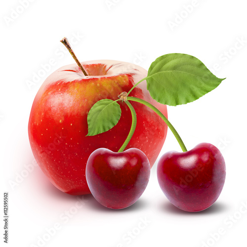 Red apple and cherry isolated on white background with clipping path. Red apple with cherry. Cherry with red apple and green leaves.
