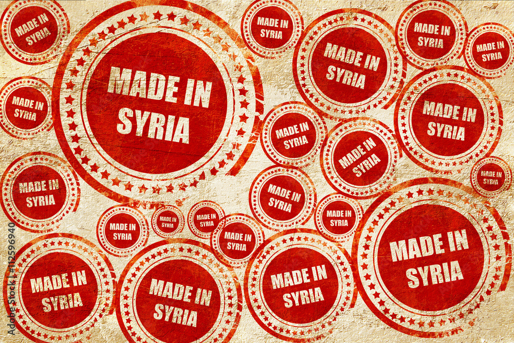 Made in syria, red stamp on a grunge paper texture