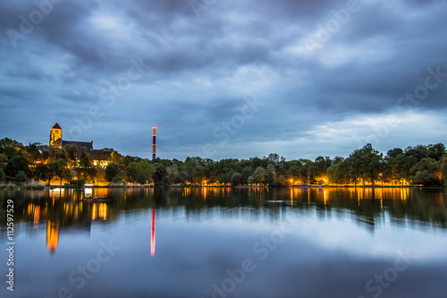 Schlossteich mit Schlosskirche und Industrieschornstein - Chemnitz, Sachsen. photo