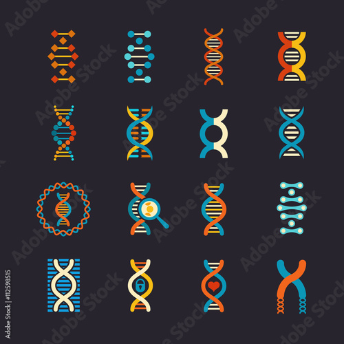 DNA genetic vector flat icons set. Dna biotechnology sign, structure dna molecule illustration