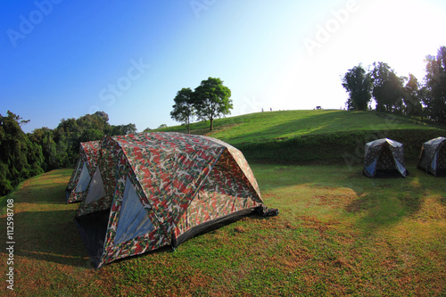Tourist tent in forest camp