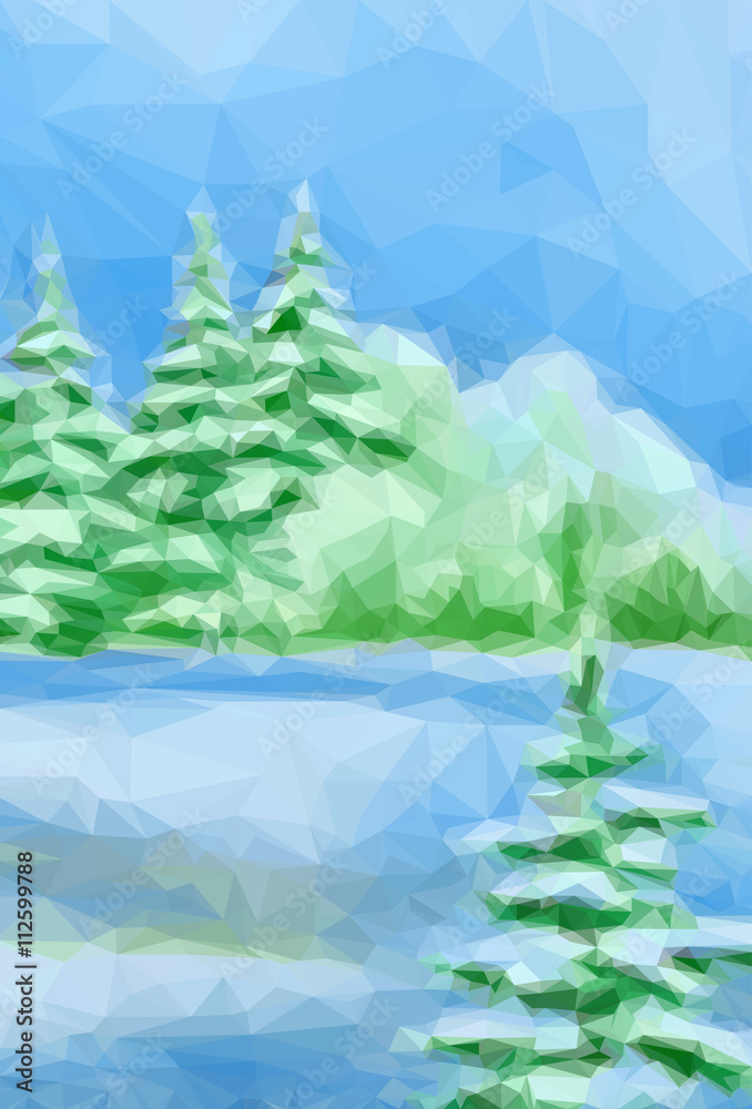 Winter Christmas Forest Landscape with Fir Trees, Bushes and a Blue Sky. Low Poly Style
