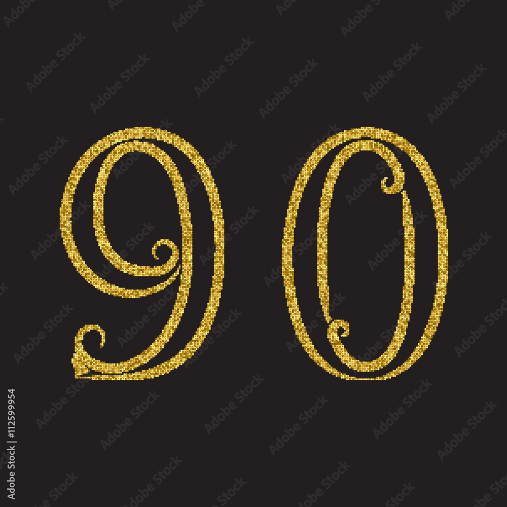 Nine, zero golden glittering outline numbers. Vintage font with flourishes.
