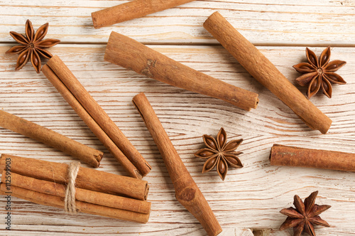 cinnamon and star anise on a wooden background