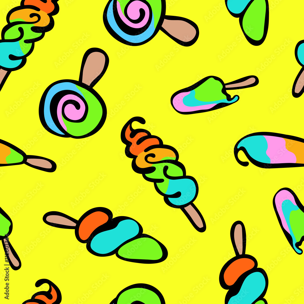 Obraz premium Bright ice cream. Summer sweets. Seamless vector pattern (background). Hand-drawn illustration. Bright design.