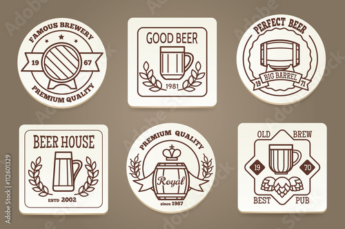Beer coaster or drink coaster. Beverage coasters with beer emblems vector illustration