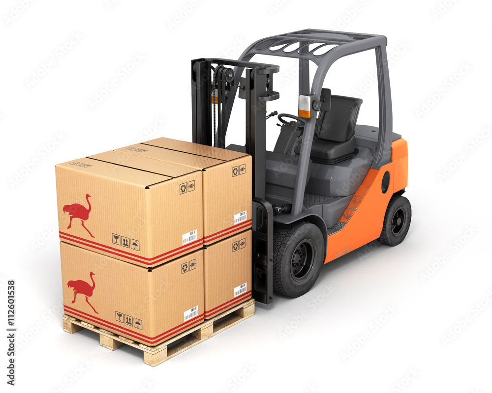 Forklift truck with boxes on pallet 3d