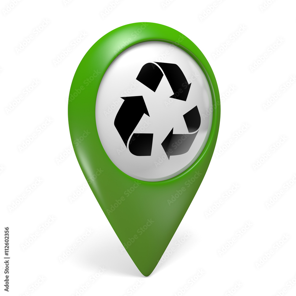 Green map pointer icon with a symbol for recycling centers, 3D rendering Green map pointer icon with a symbol for recycling centers, 3D rendering