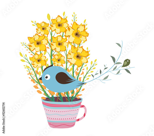 Cute assortment of flowers and bird in vases