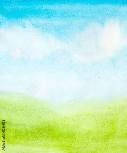 watercolor abstract sky, clouds and green grass background