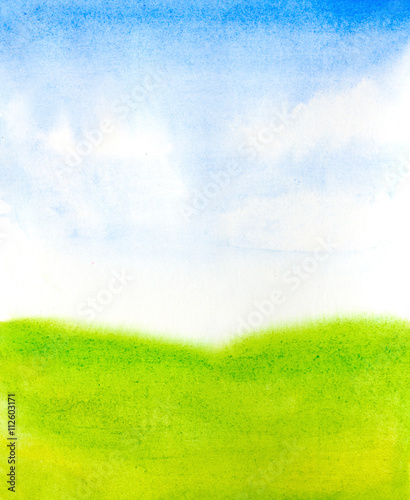 watercolor landscape with abstract sky, clouds and green grass